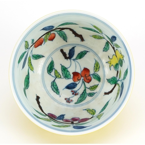 711 - Chinese porcelain yellow ground bowl hand painted with fruit, six figure character marks to the base... 