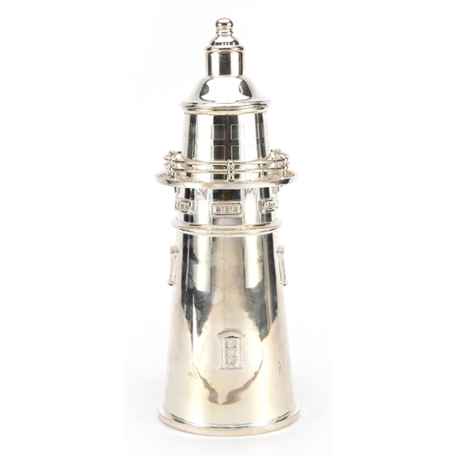 564 - Silver plated cocktail shaker in the form of a lighthouse, 35cm high