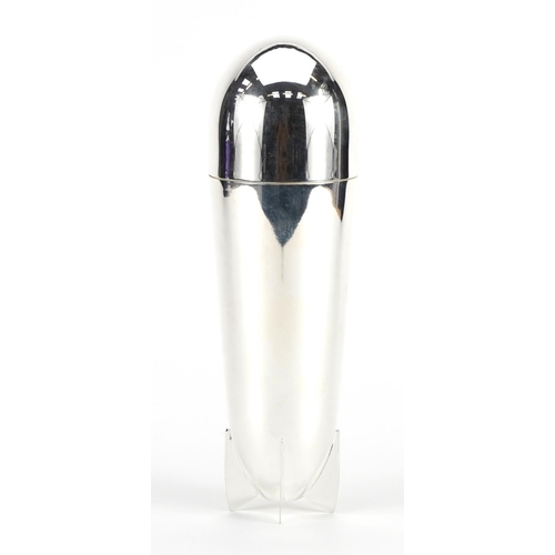 597 - Art Deco design silver plated cocktail shaker in the form of an aeroplane bomb, 24.5cm high