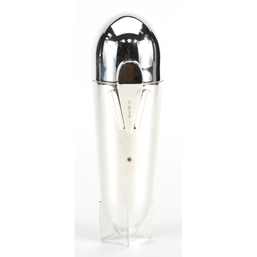 597 - Art Deco design silver plated cocktail shaker in the form of an aeroplane bomb, 24.5cm high