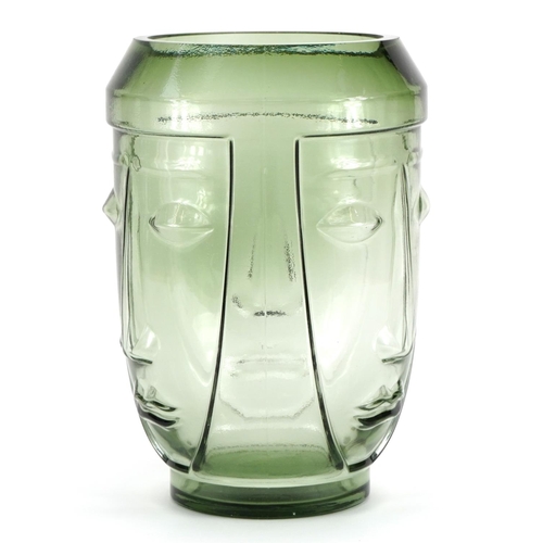 303 - Scandinavian design green glass vase with faces, 28cm high