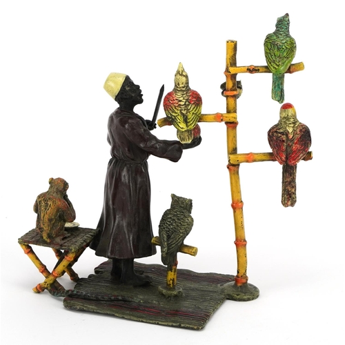 609 - Modern cold painted bronze of an Arab with birds and monkey in the style of Franz Xaver Bergmann, 17... 