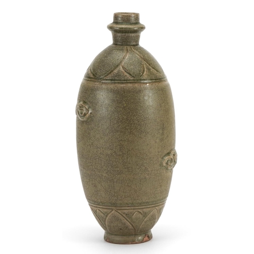 803 - Korean celadon glazed vase decorated in relief with a bird, 34cm high