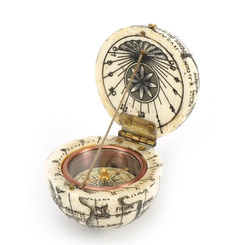 840 - Sailor's style carved bone pocket globe compass, 4cm in diameter