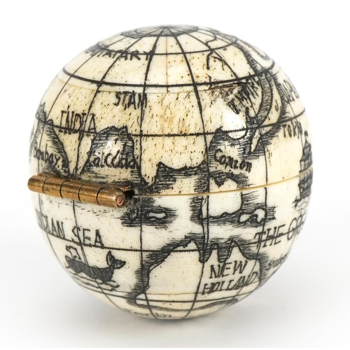 840 - Sailor's style carved bone pocket globe compass, 4cm in diameter