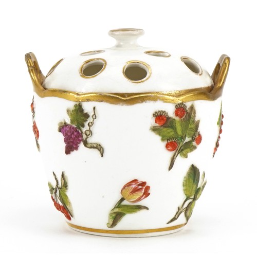 126 - Early 19th century Spode custard pail with twin handles, hand painted and decorated in relief with f... 