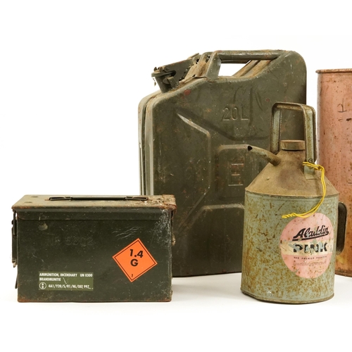 799 - Five vintage and later fuel, oil and military interest ammunition tins including Aladdin Pink