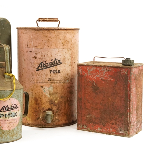 799 - Five vintage and later fuel, oil and military interest ammunition tins including Aladdin Pink