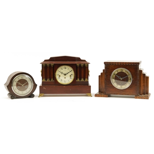 1011 - Three Art Deco and later mantle clocks including an oak stepped Westminster chiming example striking... 