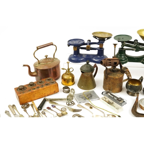 1012 - 19th century and later metalware including scales, Porkert mincer and silver plated cutlery