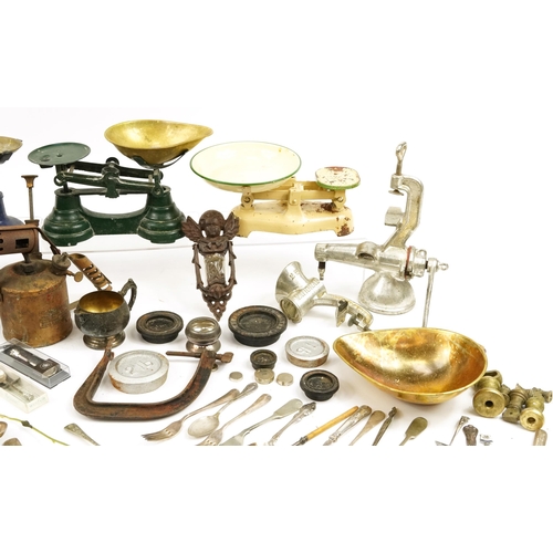 1012 - 19th century and later metalware including scales, Porkert mincer and silver plated cutlery