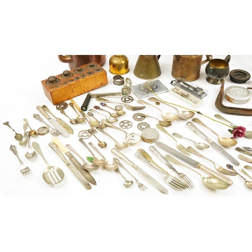 1012 - 19th century and later metalware including scales, Porkert mincer and silver plated cutlery