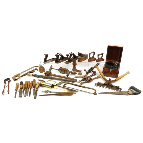 689 - Antique and later tools including examples with blades impressed Buck & Hickman and F Honby