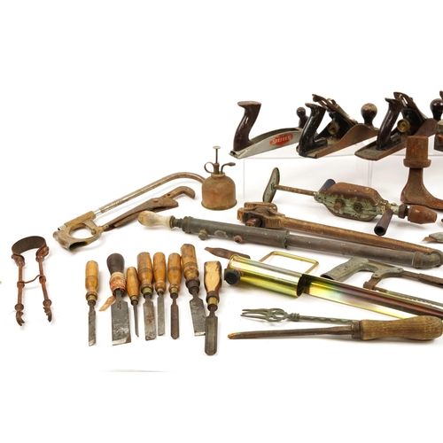 689 - Antique and later tools including examples with blades impressed Buck & Hickman and F Honby