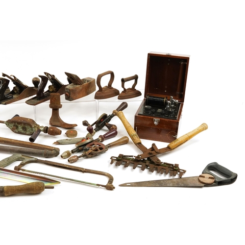 689 - Antique and later tools including examples with blades impressed Buck & Hickman and F Honby