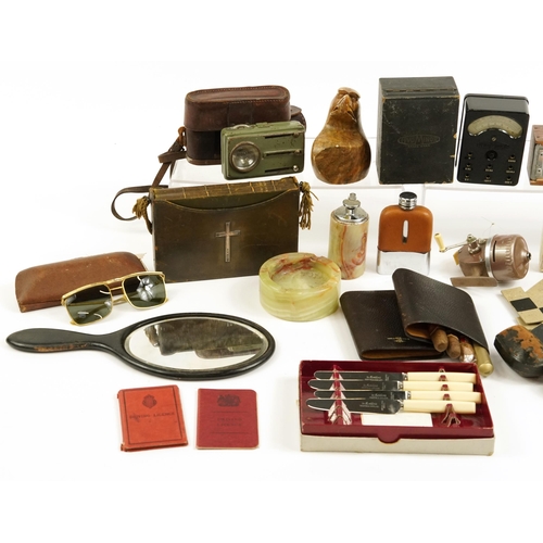 1019 - Sundry items including Meerschaum style pipe with silver mount, leather cigar case and two leather b... 