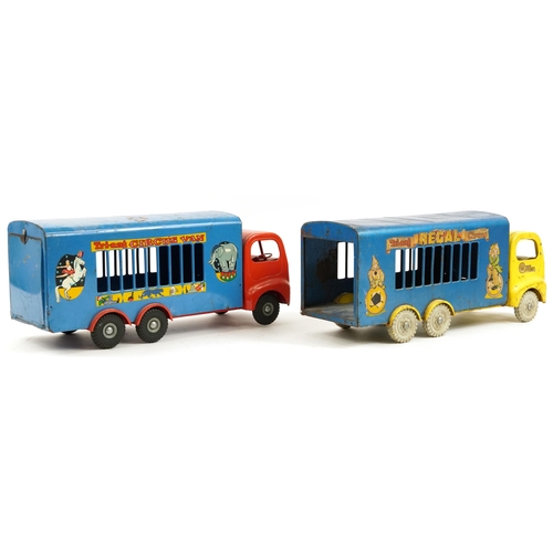 1580 - Two vintage Tri-ang tinplate circus vans including Regal, each 58cm in length