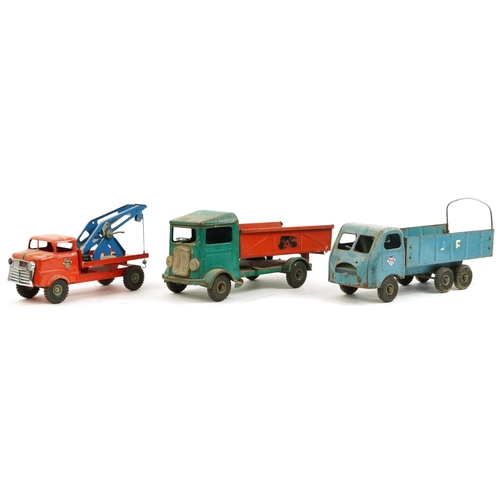 1574 - Three vintage Tri-ang tinplate transport trucks including RAF, the largest 43cm in length