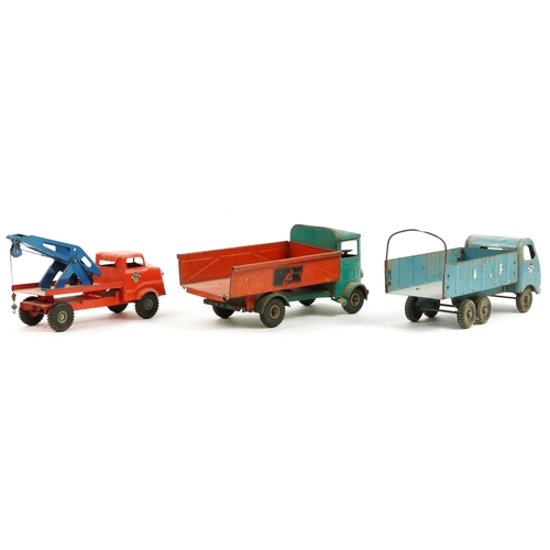 1574 - Three vintage Tri-ang tinplate transport trucks including RAF, the largest 43cm in length