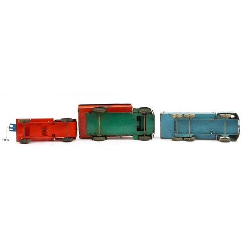 1574 - Three vintage Tri-ang tinplate transport trucks including RAF, the largest 43cm in length