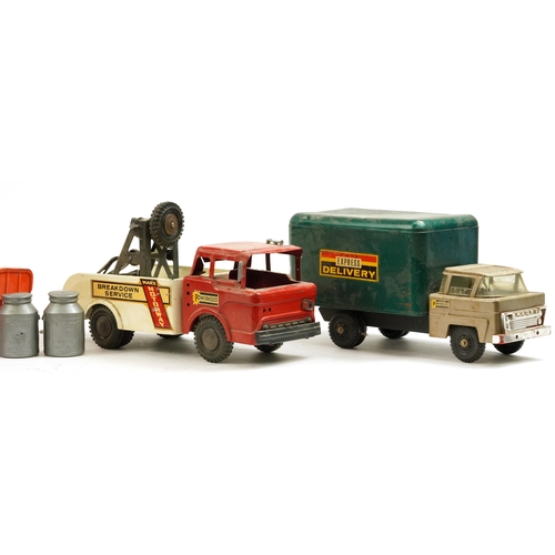 1569A - Four vintage tinplate Marx and Tri-ang vehicles including break down service truck and express deliv... 