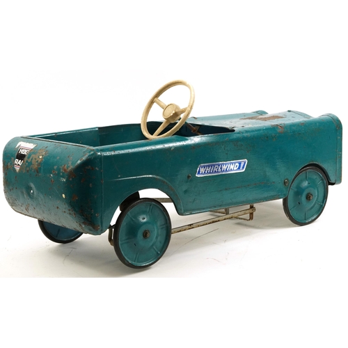 1581 - Vintage tinplate child's pedal car with Whirlwind and Raleigh stickers, 83cm in length