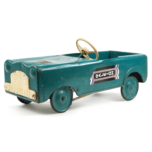 1581 - Vintage tinplate child's pedal car with Whirlwind and Raleigh stickers, 83cm in length