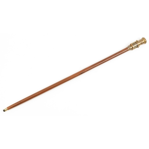 830 - Hardwood walking stick with brass two draw telescope and compass handle, 99cm in length