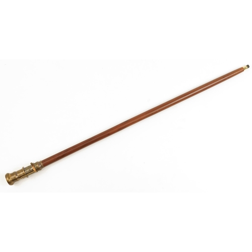 830 - Hardwood walking stick with brass two draw telescope and compass handle, 99cm in length