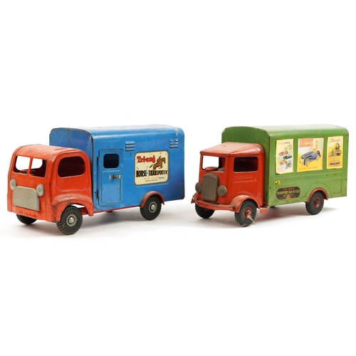 1571 - Two vintage Tri-ang tinplate transport trucks comprising transport van no 200 and horse transporter,... 