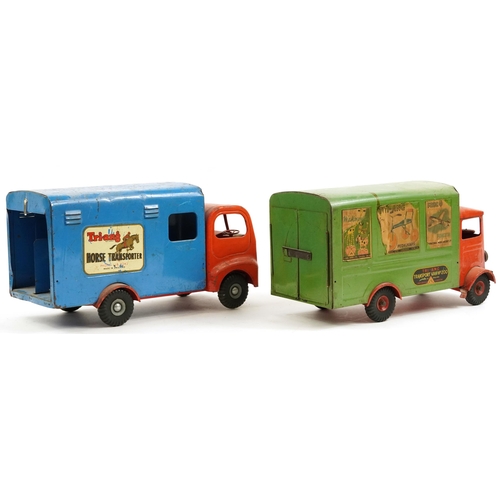 1571 - Two vintage Tri-ang tinplate transport trucks comprising transport van no 200 and horse transporter,... 