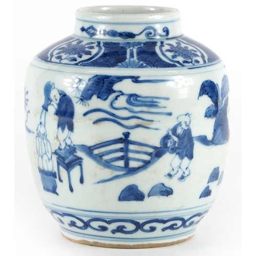 391 - Chinese blue and white porcelain jar vase hand painted with children playing in a landscape, paper l... 