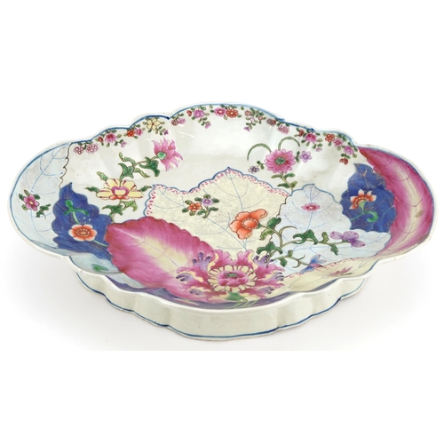 258 - Chinese Wucai porcelain footed dish hand painted with flowers, 8.5cm high x 36cm wide