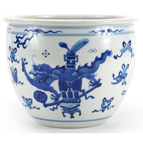 69 - Chinese blue and white porcelain jardiniere hand painted with a bird and butterfly amongst flowers a... 