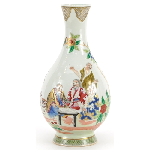 135 - Chinese European porcelain vase, hand painted in the famille rose palette with three figures and a p... 