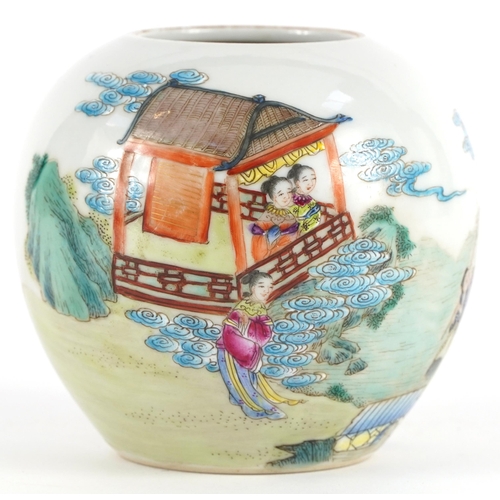 67 - Chinese porcelain globular vase hand painted in the famille rose palette with figures by water, six ... 