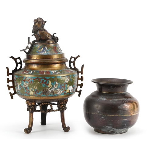 397 - Chinese patinated bronze and cloisonne tripod incense burner and cover with dragon knop and twin han... 