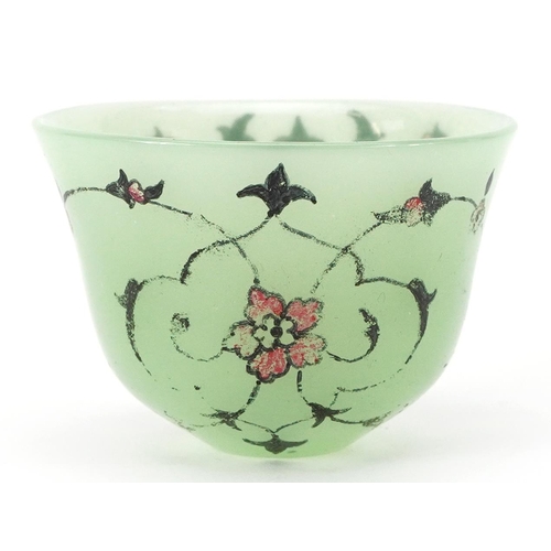 155 - Islamic Ottoman green glass coffee cup hand painted with foliage, 6cm in diameter