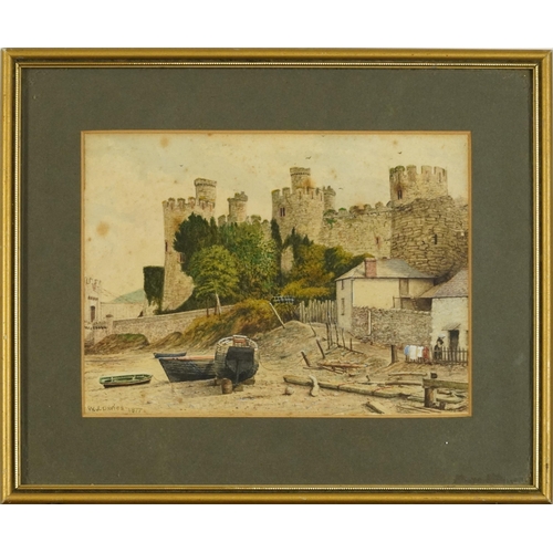 723 - W J Davies 1877 - Pembroke Castle, 19th century watercolour, mounted, framed and glazed, 21cm x 15.5... 