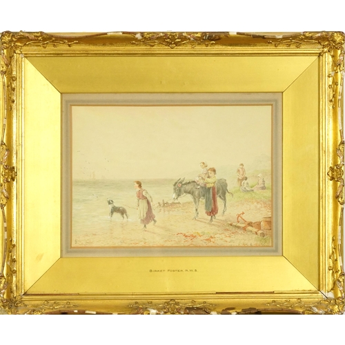 122 - Myles Birket Foster - Coastal scene with children and donkey, 19th century English watercolour signe... 