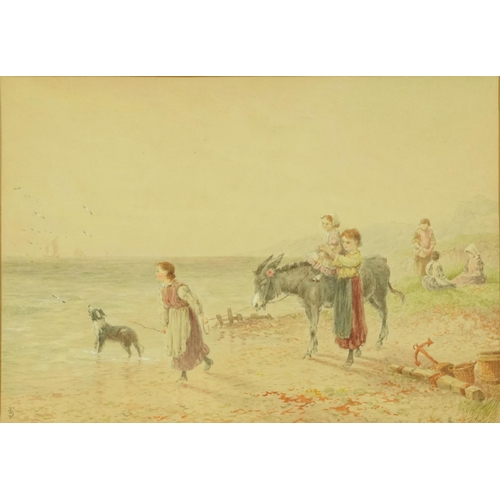 122 - Myles Birket Foster - Coastal scene with children and donkey, 19th century English watercolour signe... 