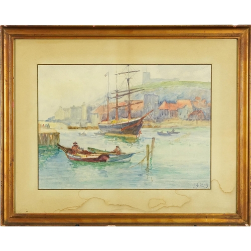 678 - Ships on water before buildings, early 20th century watercolour, indistinctly signed and dated 1911,... 