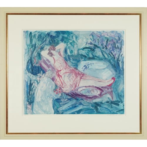 752 - Barbara A Wood - Reclining female, pencil signed print in colour, limited edition 238/975, King's Fr... 