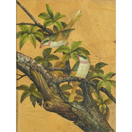 751 - Two birds on a branch, oil on leaves laid onto board, framed, 40cm x 30cm excluding the frame