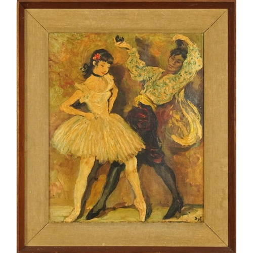 417 - Manner of Marcel Dyf - Two females dancing, oleograph, bearing an E Stacy Marks Gallery label verso,... 