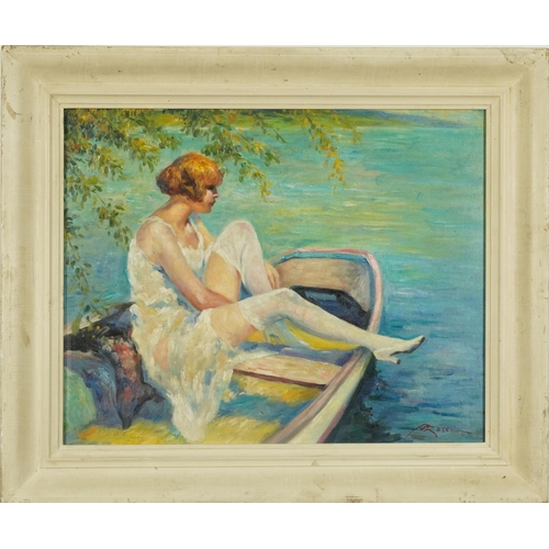 748 - Seated female in a rowing boat, British school oil, framed and glazed, 58cm x 46cm excluding the fra... 