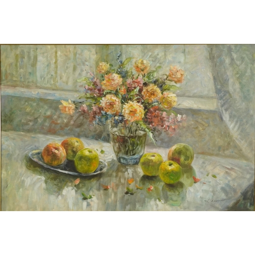 1004 - Still life fruit and flowers, Impressionist oil on canvas, mounted and framed, 90cm x 60cm excluding... 