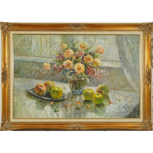 1004 - Still life fruit and flowers, Impressionist oil on canvas, mounted and framed, 90cm x 60cm excluding... 