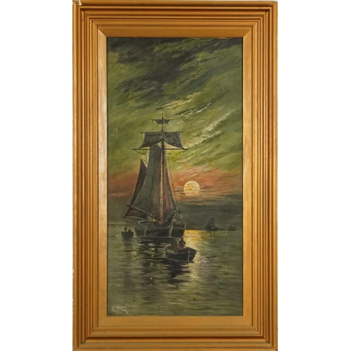 503A - G Ward - Sailing boats on moonlit water, oil on canvas, framed, 60cm x 29cm excluding the frame