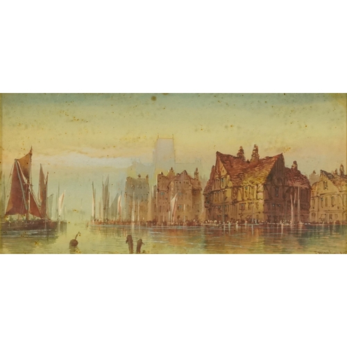 795 - T Montimer - Sailing boats on a river before a cathedral, pair of continental watercolours, each mou... 